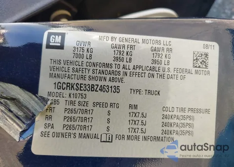 2011 Chevrolet Silverado 1500 Lt из США, поврежденный, VIN 1GCRKSE33BZ463135